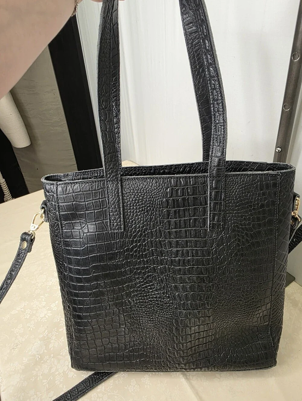 Planner Perfect Isabella Everyday Tote Black Croc Leather Crossbody Bag